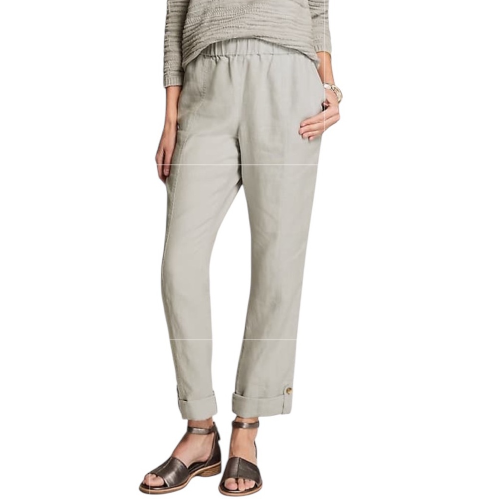 Pure Jill Linen Pants Straight Leg Rolled Cuffs Cropped Beige Size Med Tall